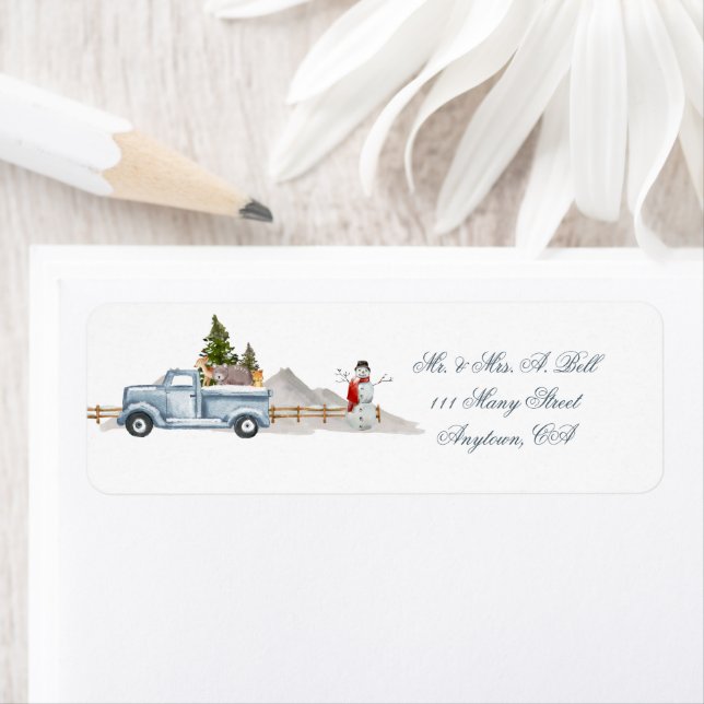 Blue Farm Truck et Snowman Étiquette (En situation)