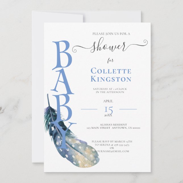 BLUE FEATHER GARY BABY SHOWER Invitation (Devant)
