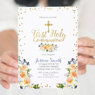 Blue First Holy Communion Gold invitation floral