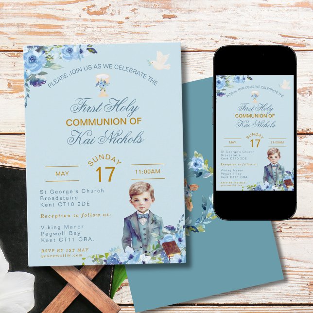 Blue First Holy Communion Invitation Chalice Boy (Créateur téléchargé)