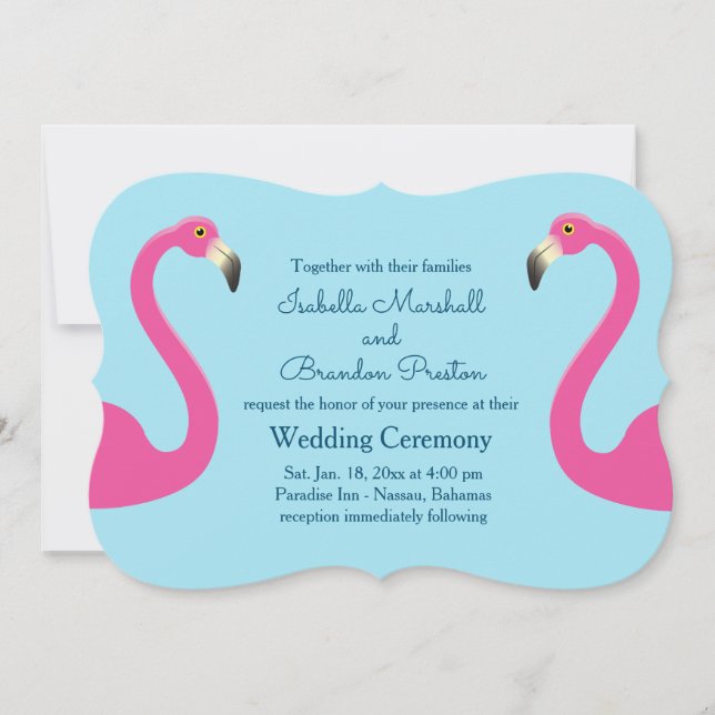Blue Flamant rose Beach Wedding Invitation (Devant)