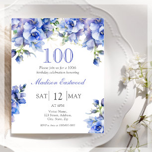 Blue Floral 100e anniversaire Invitation budgétair