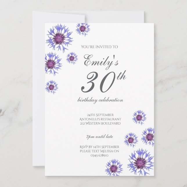 Blue Floral 30th Birthday Party Invitation (Devant)