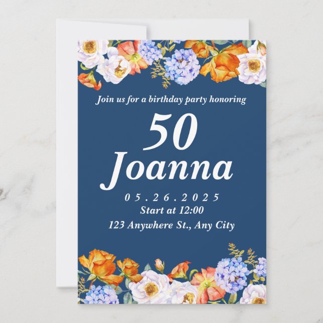 Blue Floral 50e anniversaire Invitation (Devant)