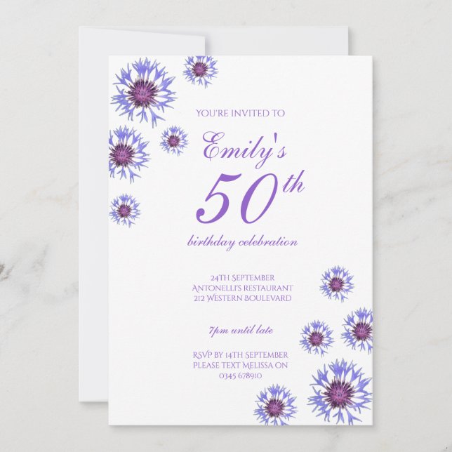 Blue Floral 50th Birthday Party Invitation (Devant)