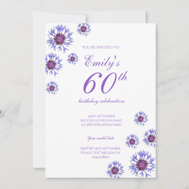 Blue Floral 60e anniversaire de fête Invitation (Devant)