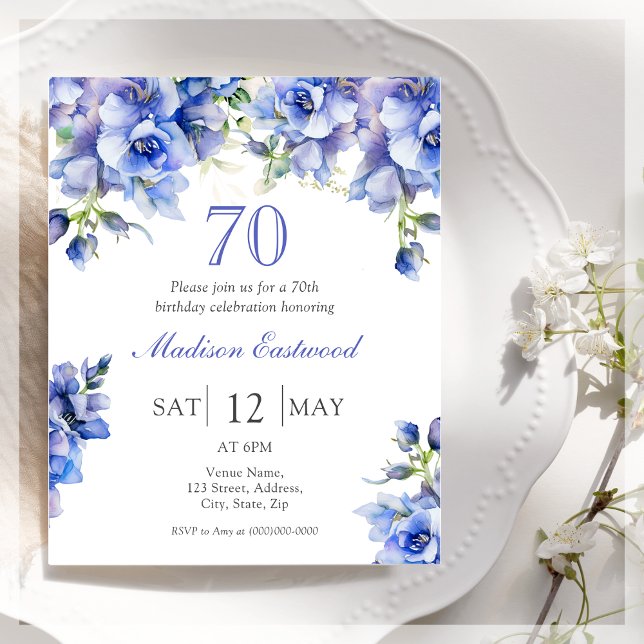 Blue Floral 70e anniversaire Invitation budgétaire (Créateur téléchargé)