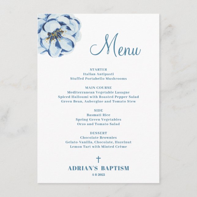 Blue Floral Baby Boy Baptism Menu (Devant)