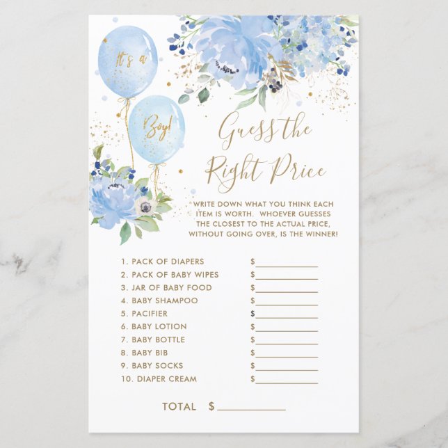 Blue Floral Balloon Garçon Devinez le bon prix jeu (Devant)