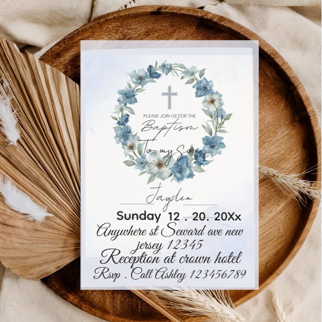 Blue Floral Baptism Vintage Toile, invitation card (Créateur téléchargé)