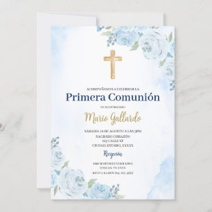 Blue Floral Bautizo Espagnol Invitation
