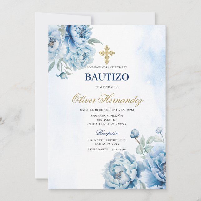 Blue Floral Bautizo Espagnol Invitation (Devant)