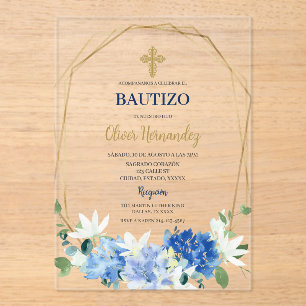 Blue Floral Bautizo Espagnol Invitation