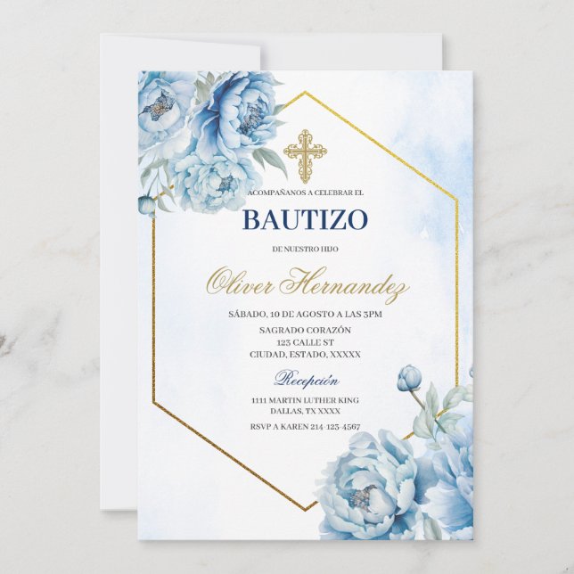 Blue Floral Bautizo Espagnol Invitation (Devant)