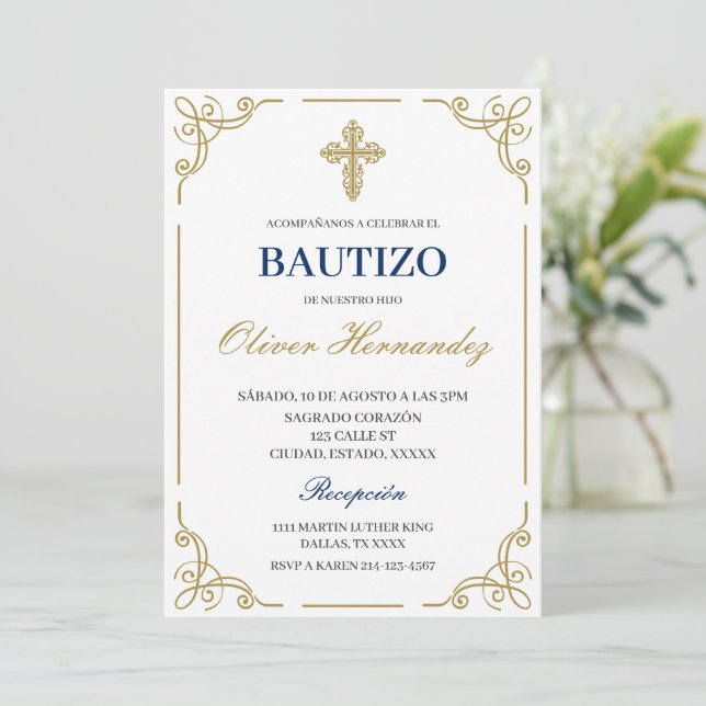 Blue Floral Bautizo Espagnol Invitation (Debout devant)