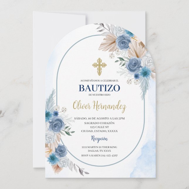 Blue Floral Bautizo Espagnol Invitation (Devant)