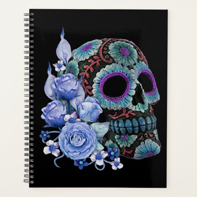 Blue Floral Black Sugar Skull Jour des morts (Devant)