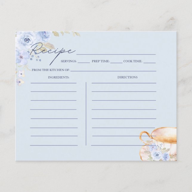 Blue Floral Bridal Shower Recipe Card  (Devant)