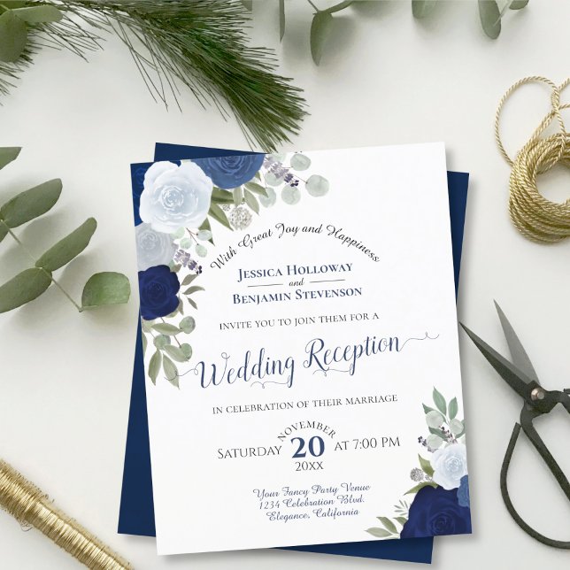 Blue Floral Budget Réception de mariage Invitation (Créateur téléchargé)