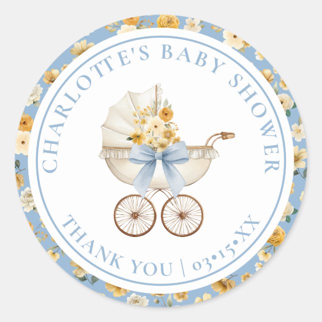 Blue Floral Carriage Baby Shower Thank You Sticker (Devant)