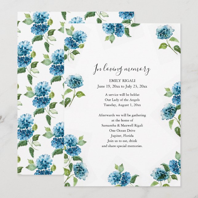 Blue Floral Celebration of Life Invitations (Devant / Derrière)