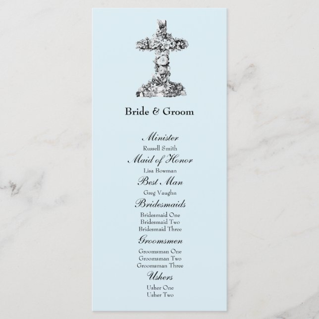 Blue Floral Cross Christian Wedding Programme (Devant)