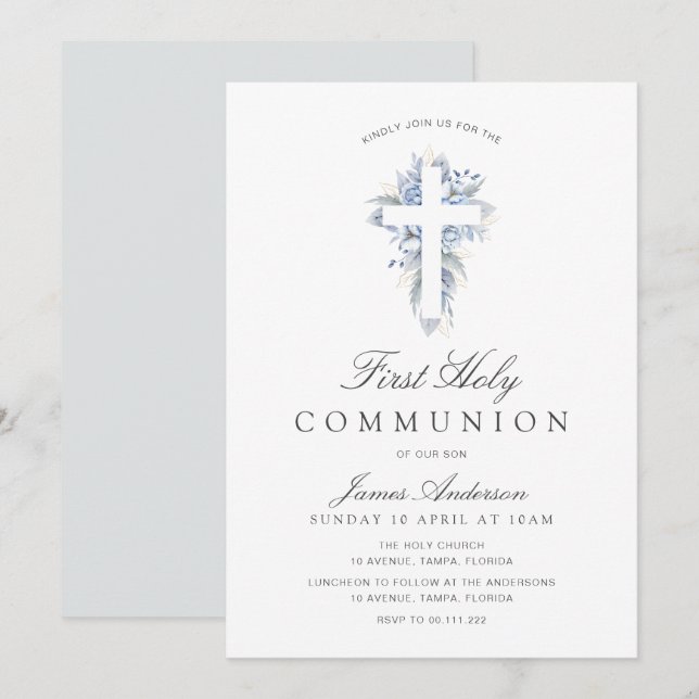 blue floral cross first holy communion invitation (Devant / Derrière)