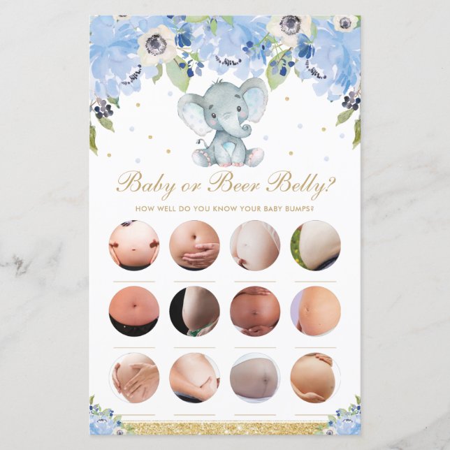 Blue Floral Cute Elephant Baby ou Belly Jeu (Devant)