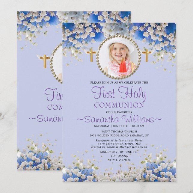 Blue Floral Daisy Photo First Communion Invitation (Devant / Derrière)
