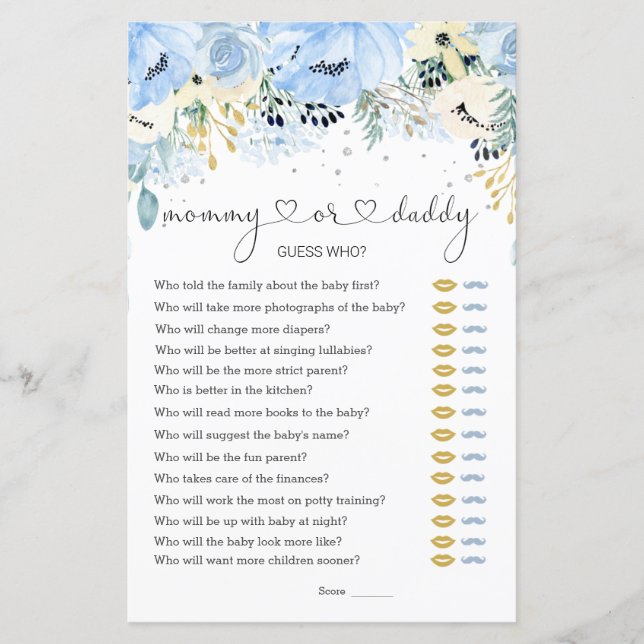 Blue Floral Devinez Qui Baby shower Jeux Papier pl (Devant)