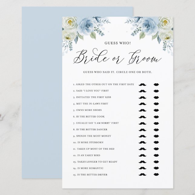 Blue Floral Devinez qui marié ou groom douche jeu (Devant / Derrière)