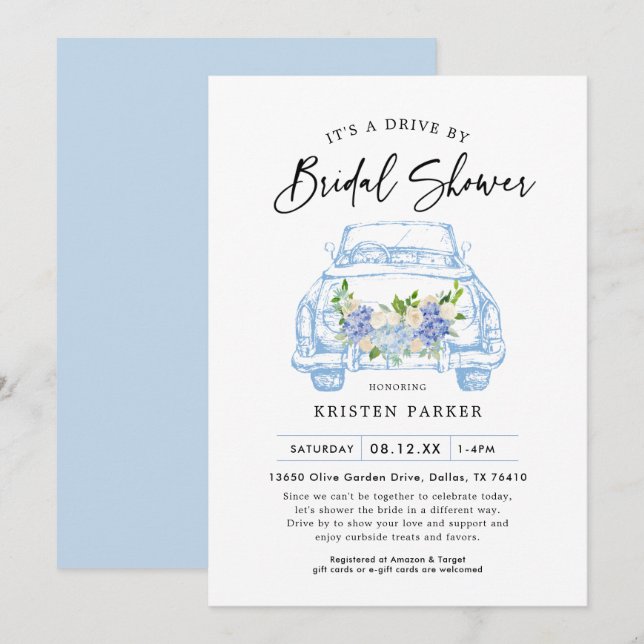 Blue Floral Drive By Bridal Shower Invitation (Devant / Derrière)