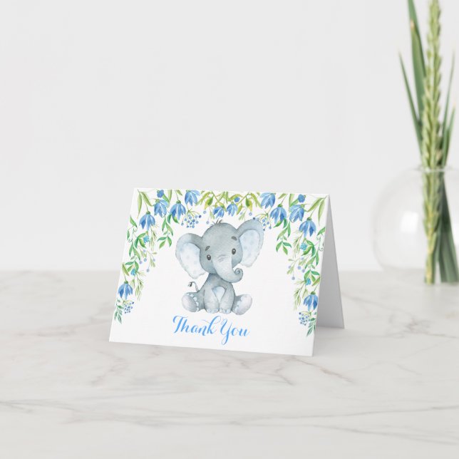 Blue Floral Elephant Baby shower Merci Note (Devant)