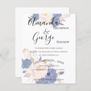 Blue Floral Faux Vellum Effet Faire-part de mariag