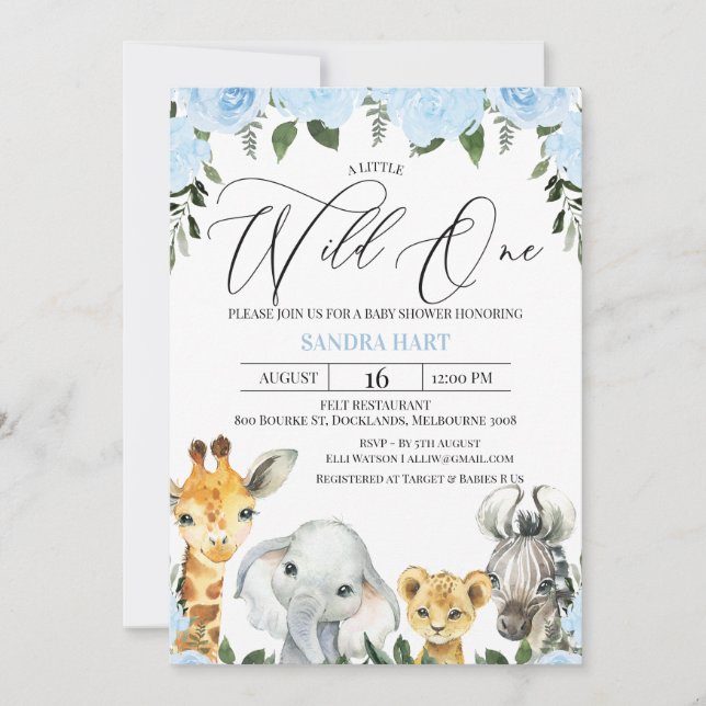 Blue Floral Foliage Safari Baby shower Invitation (Devant)