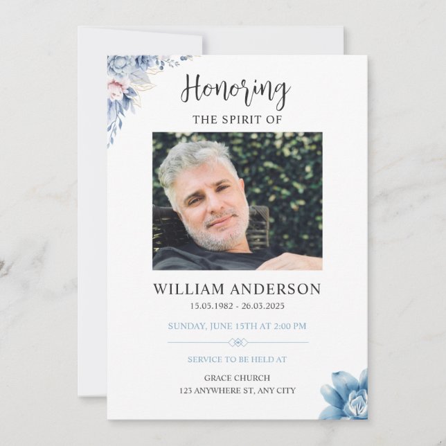 Blue Floral Funeral Invitation Celebration of Life (Devant)
