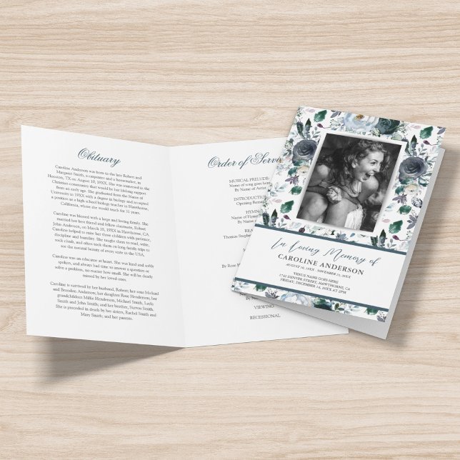 Blue Floral Funeral Ordre du service Programme de  (Créateur téléchargé)