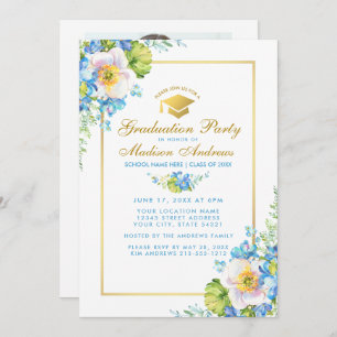 Blue Floral Grad Party Gold Invitation - Photo Ret