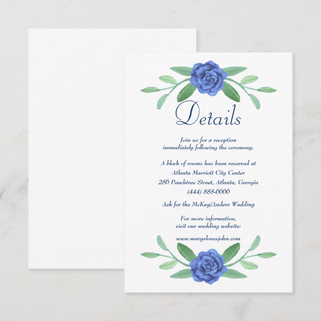 Blue Floral Greenery Foliage Mariage Détails Carte (Devant / Derrière)
