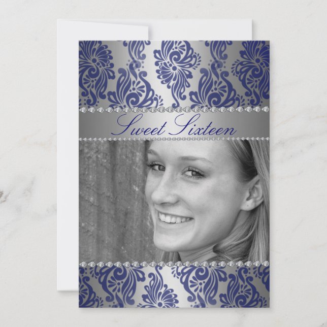 Blue Floral Imprimer Photo Sweet 16 invitation d'a (Devant)