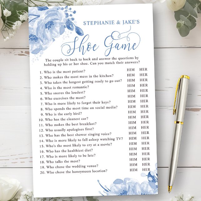 Blue Floral Mariage ou Couples Douche Jeu (Bridal Shower Game from my Dusty Blue Watercolor Floral Bridal Shower)
