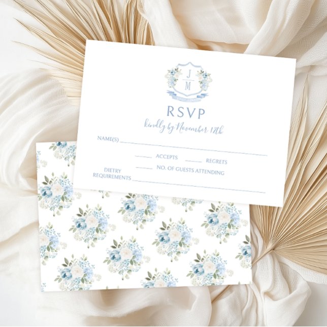 Blue Floral Modern Monogram Wedding RSVP Cards (Créateur téléchargé)