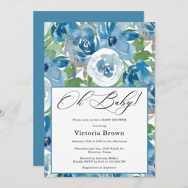 Blue Floral Oh Baby Shower Invitation (Devant / Derrière)