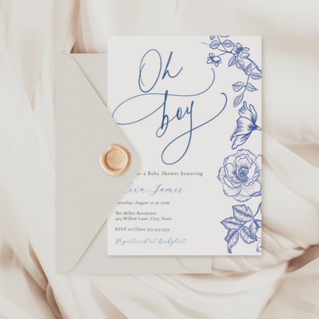 Blue Floral Oh Boy Baby shower Invitation (Créateur téléchargé)