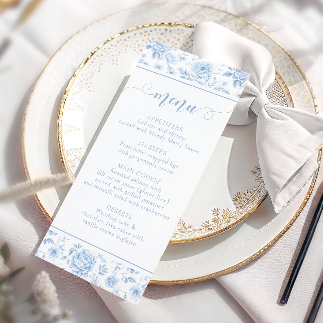 Blue Floral Porcelain Bridal Shower Menu Cards (Créateur téléchargé)