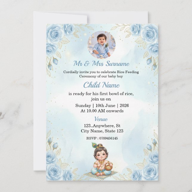 Blue Floral Rice Feeding Ceremony Invitation (Devant)