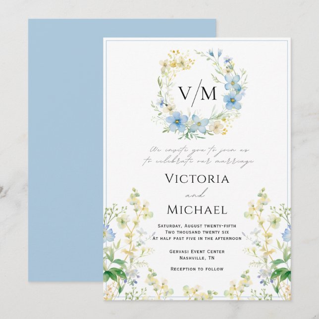 Blue Floral Romantique Élégant Mariage Invitation (Devant / Derrière)