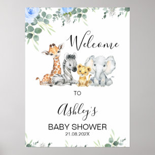 Blue Floral Safari Baby shower Affiche de bienvenu