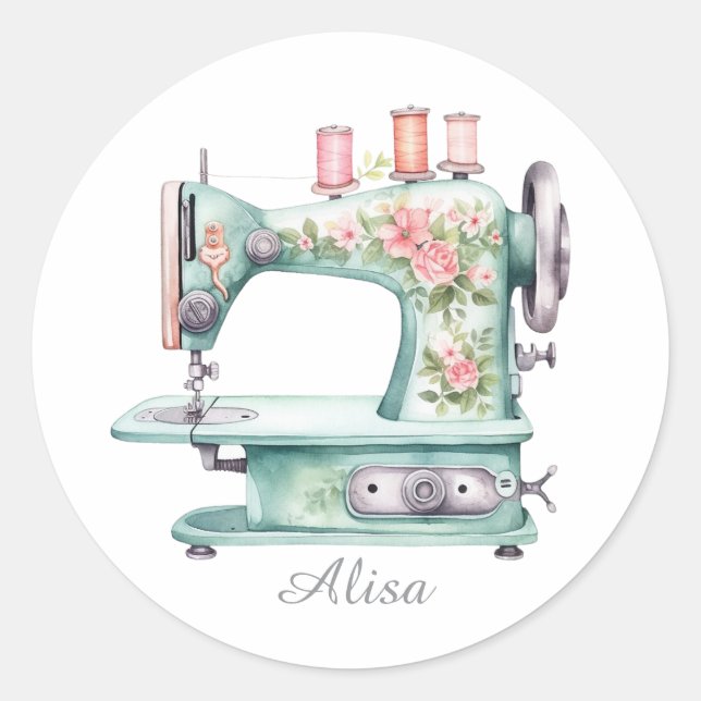 Blue Floral Sewing Machine Round Stickers (Devant)