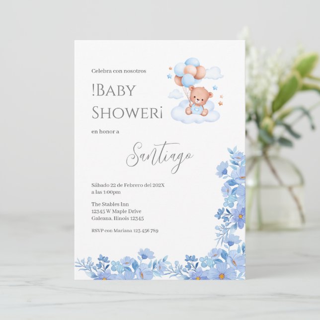 Blue floral Spanish Baby Shower Boy invitation (Debout devant)